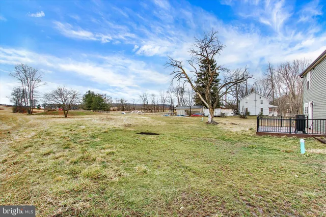 a view of yard with swimming pool and trees in the background