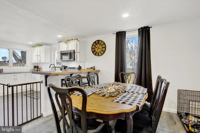 a view of a dining room with furniture