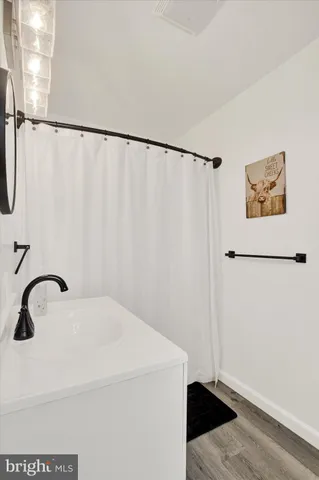 a bathroom with a shower and a sink