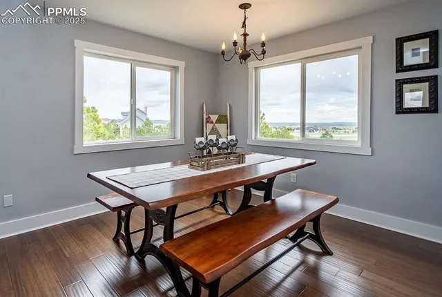 a view of a dining room with furniture window and outside view