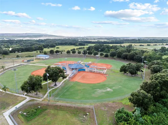 an aerial view of a pool