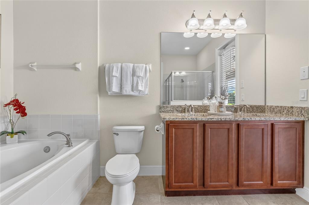 7639 Wilmington Loop Kissimmee, FL 34747 - Photo 24 of 79 a bathroom with a granite countertop sink a toilet and bathtub