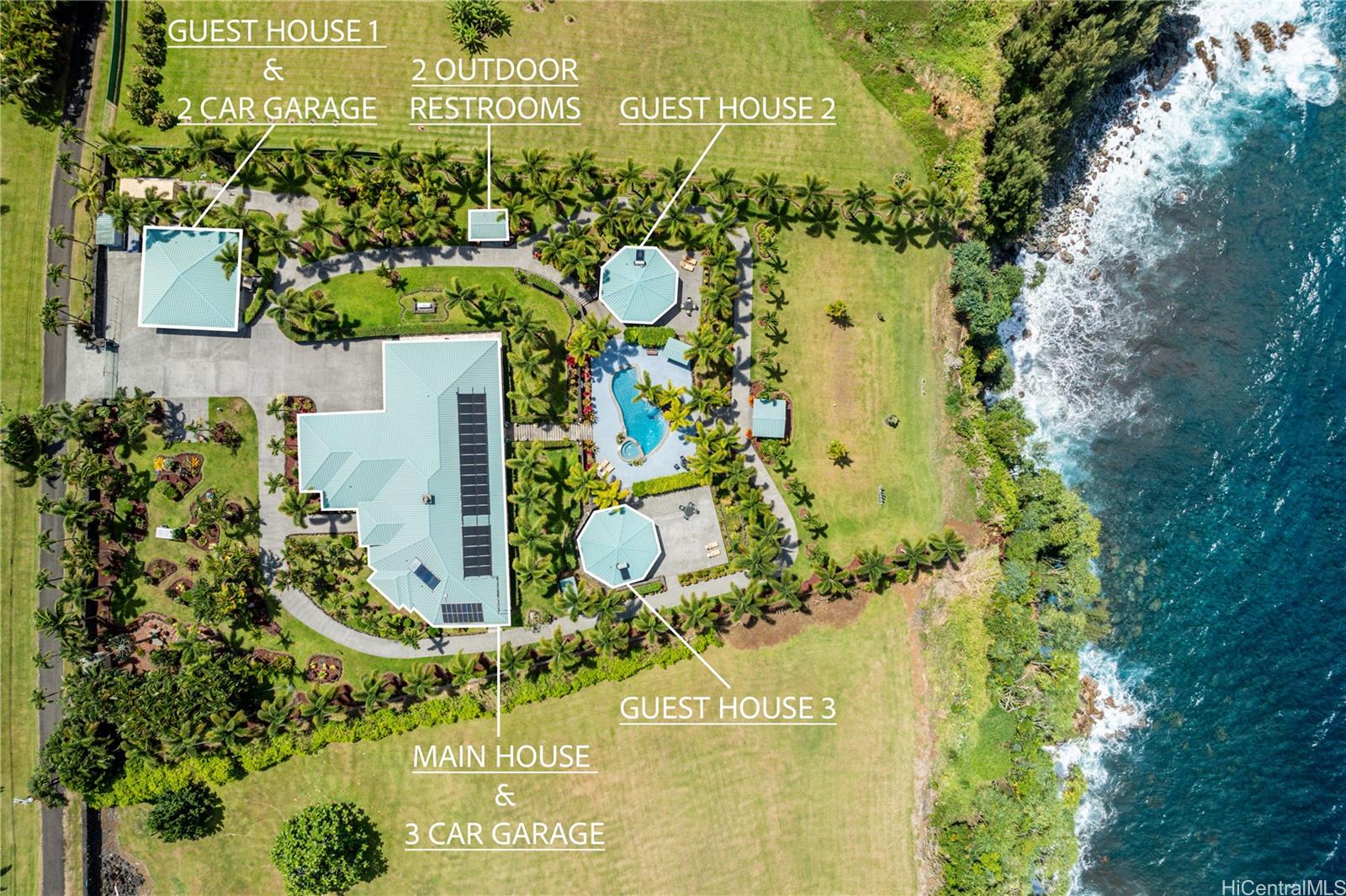 31-212 Hawaii Belt Road Hakalau, HI 96710 - Photo 2 of 25 Aerial view showcasing the layout of the estate, highlighting the property’s expansive design and unique features