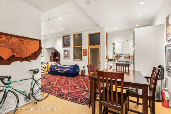 a view of a dining room with furniture