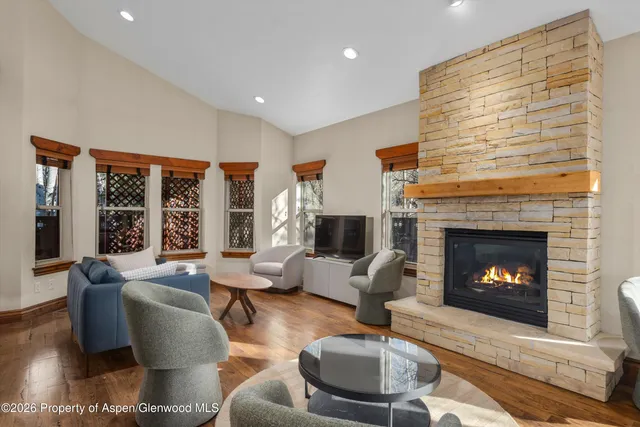 a living room with furniture a fireplace and a large window