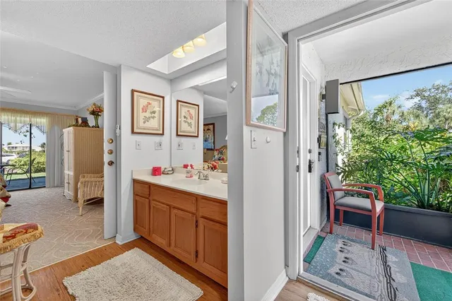 a view of a porch with a garden