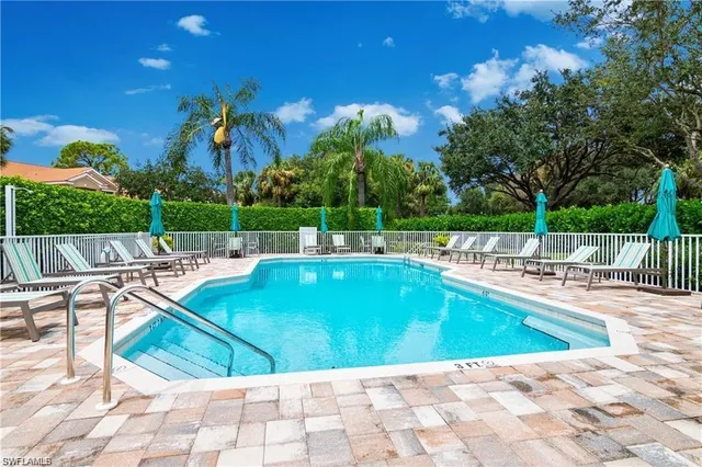 a view of a swimming pool with a lounge chair and palm trees