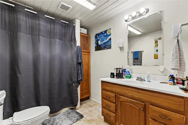 a bathroom with a sink a toilet a shower curtain and a mirror