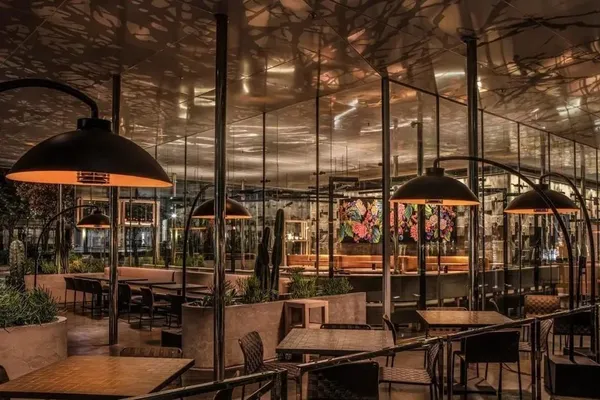 a view of a patio with sitting area