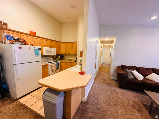1559 Riverside Avenue, Unit 9 Provo, UT 84604 - Photo 12 of 12 Kitchen with light carpet, light countertops, white appliances, a high ceiling, and open floor plan