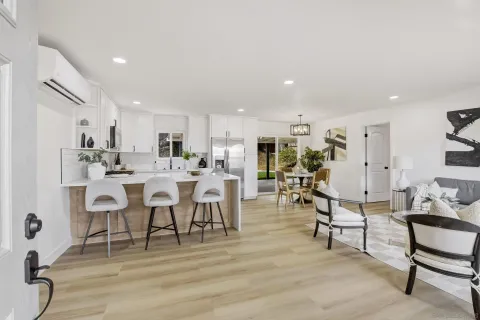 a view of a dining room with furniture