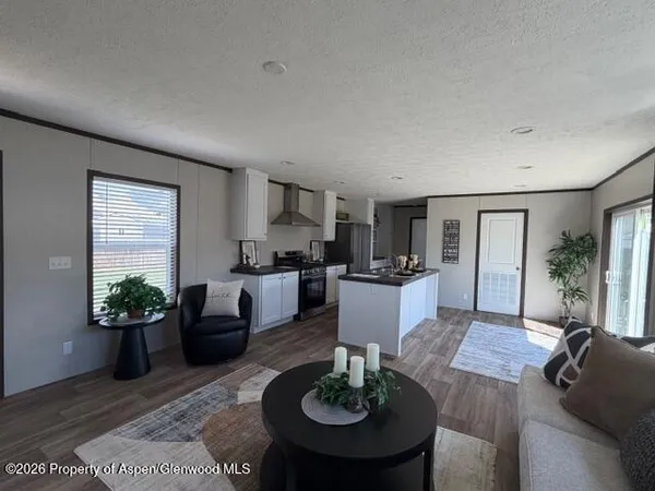 a living room with furniture potted plant and kitchen view