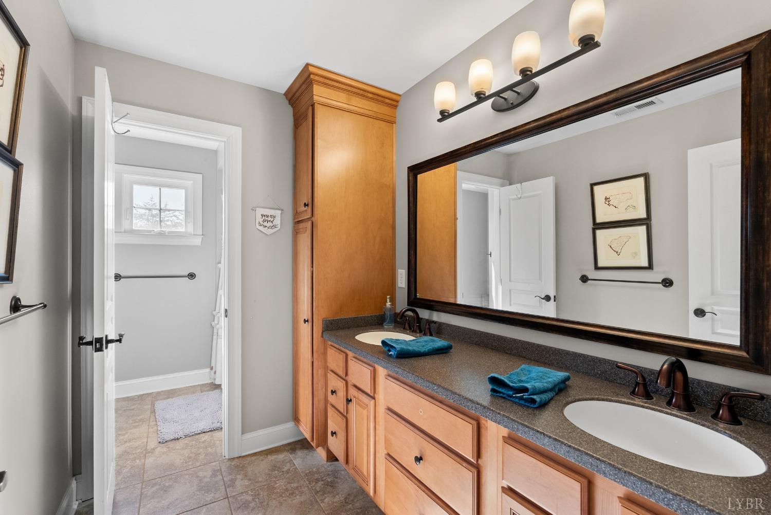 1249 Lees Mill Lane Goode, VA 24556 - Photo 39 of 98 a bathroom with a granite countertop double vanity sink a mirror and a shower