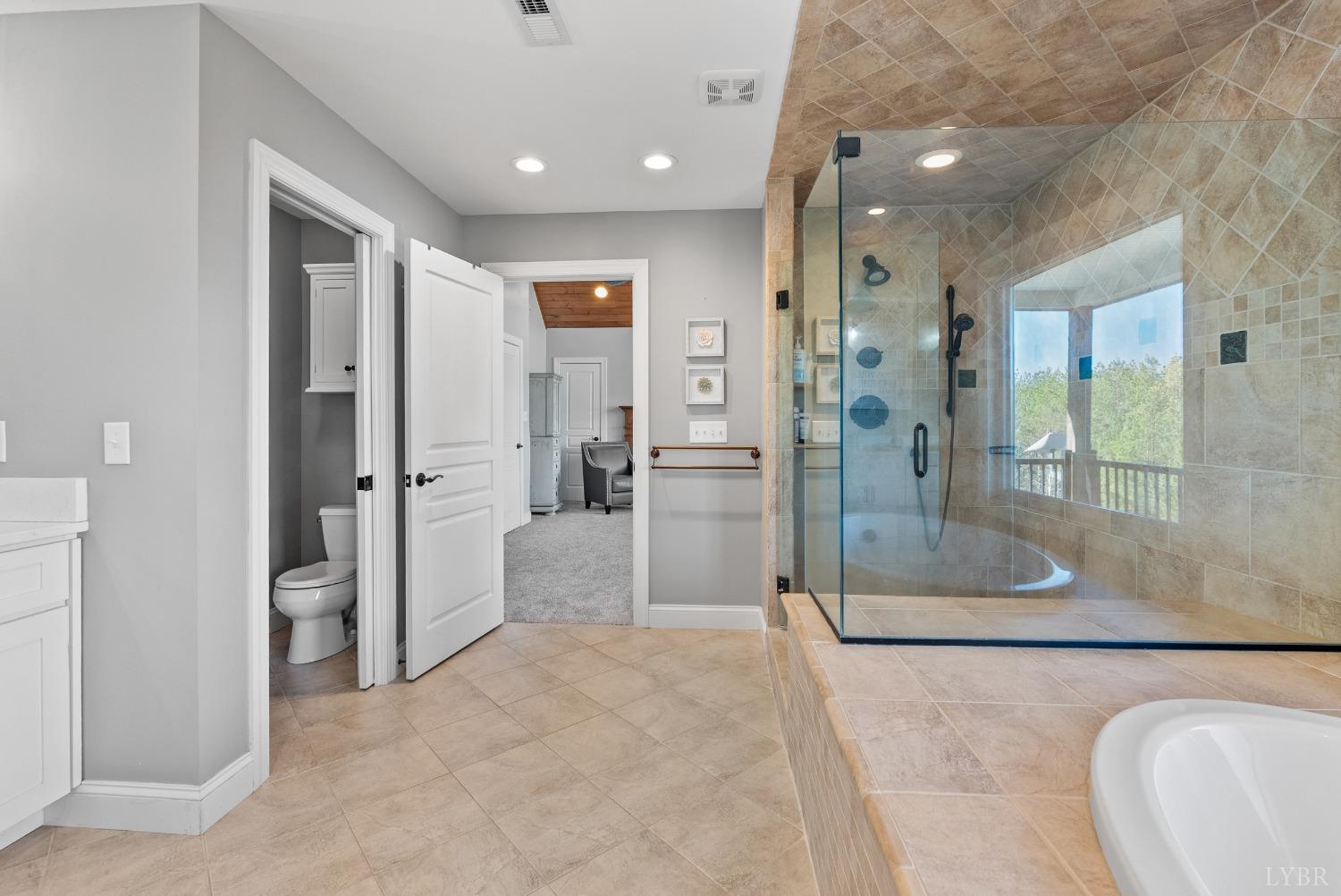 1249 Lees Mill Lane Goode, VA 24556 - Photo 50 of 98 a bathroom with a glass door shower a sink and a mirror