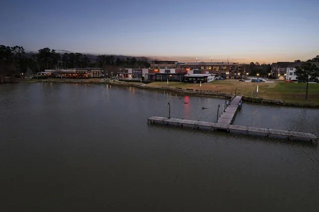 an aerial view of residential houses with outdoor space and lake view