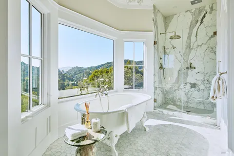 a living room with a bath tub and a shower