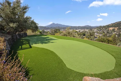 a view of a big yard with swimming pool and green space