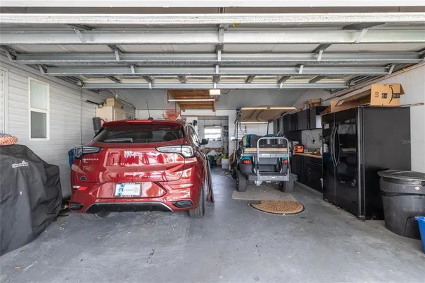 a view of a garage with storage