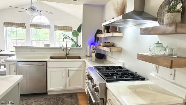 511 Nobottom Road Berea, OH 44017 - Photo 4 of 33 Kitchen with appliances with stainless steel finishes, wall chimney exhaust hood, a sink, lofted ceiling, and a ceiling fan