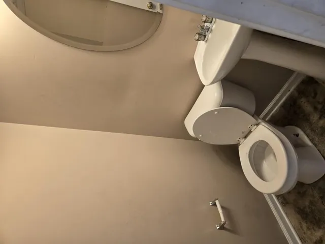 a bathroom with a toilet and a mirror