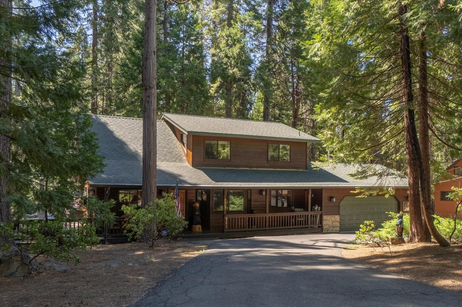 a view of a town with large trees