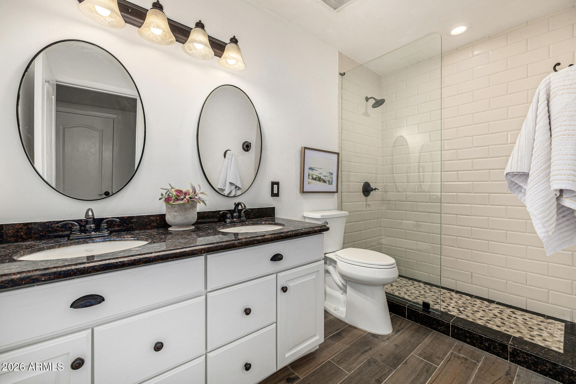2187 East Finley Street Gilbert, AZ 85296 - Photo 56 of 89 a bathroom with a double vanity sink toilet and a mirror