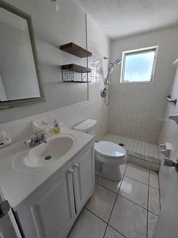 a bathroom with a sink a toilet and mirror