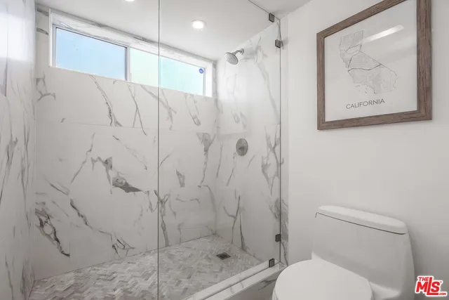 a bathroom with a shower and toilet