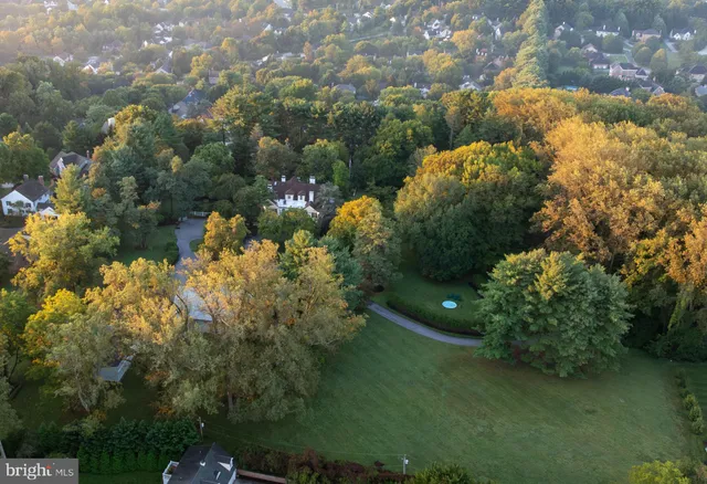 a view of a big yard with a bench and trees