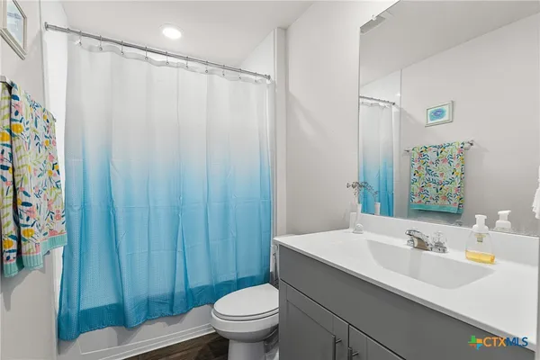 a bathroom with a sink a toilet and shower curtain