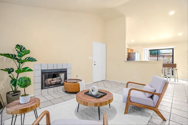 a living room with furniture and a potted plant