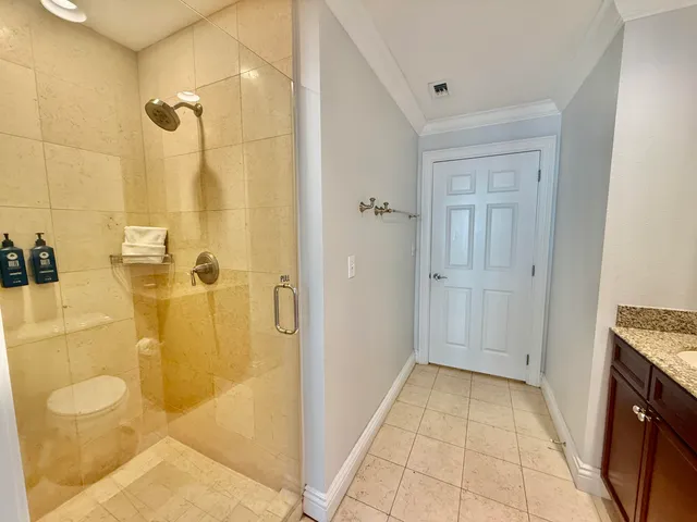 a bathroom with a granite countertop shower