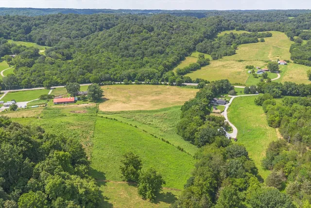 an aerial view of residential houses with outdoor space and trees