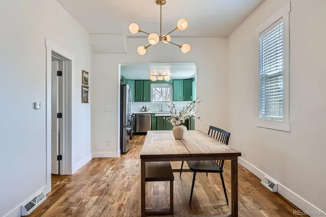 a view of a dining room with furniture window and wooden floor