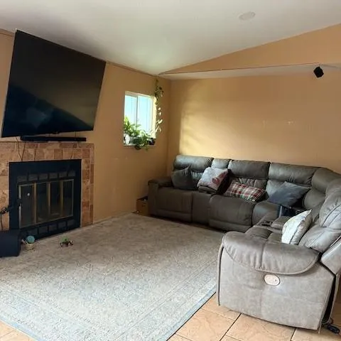 a living room with furniture a flat screen tv and a fireplace