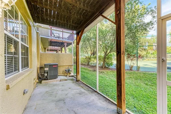 a view of a garden with a slide