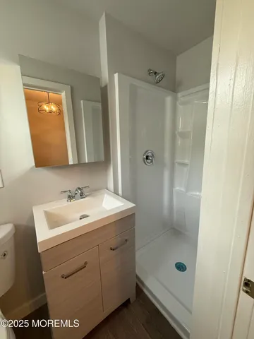 a bathroom with a shower sink vanity and mirror