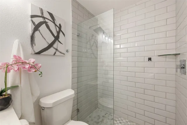 a bathroom with a toilet and a shower