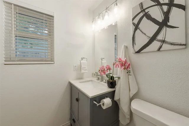a bathroom with a sink vanity mirror and toilet