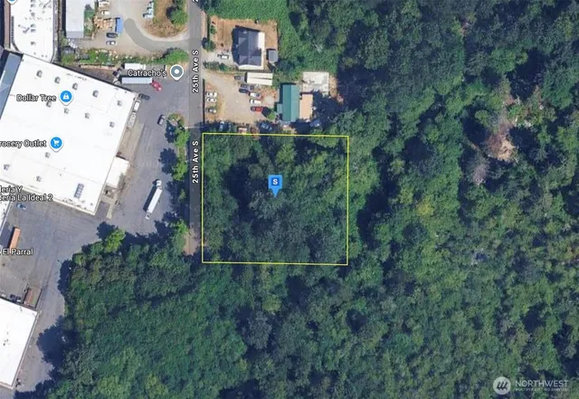 an aerial view of residential house with outdoor space and trees