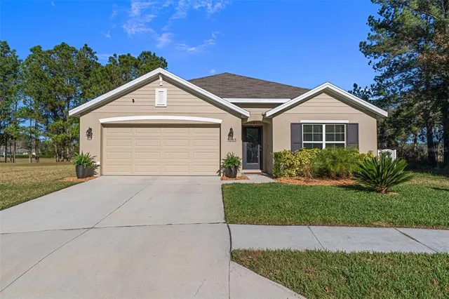 a view of a house with a yard and large tree