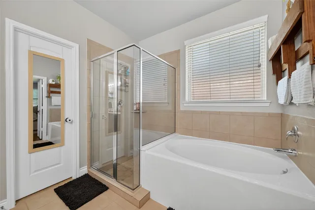 a bathroom with a bathtub and a shower