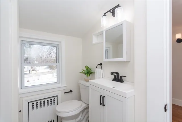a bathroom with a sink a toilet and a window