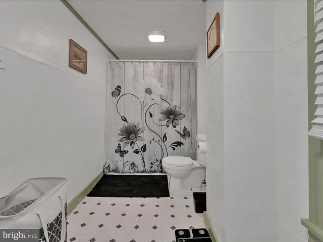 a bathroom with a toilet and a shower curtain