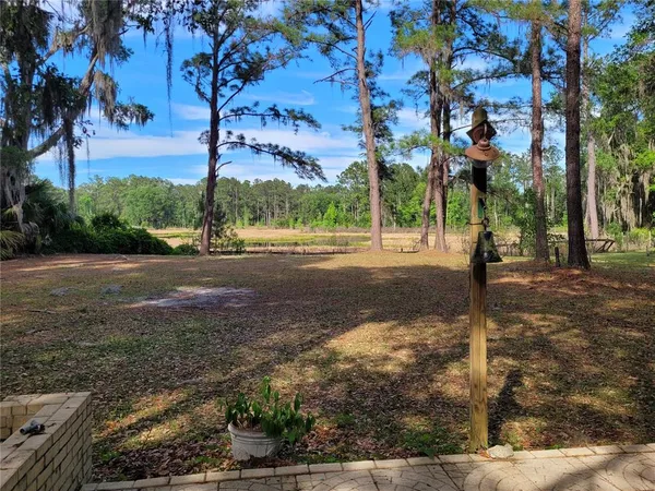 a view of a field with trees in the background