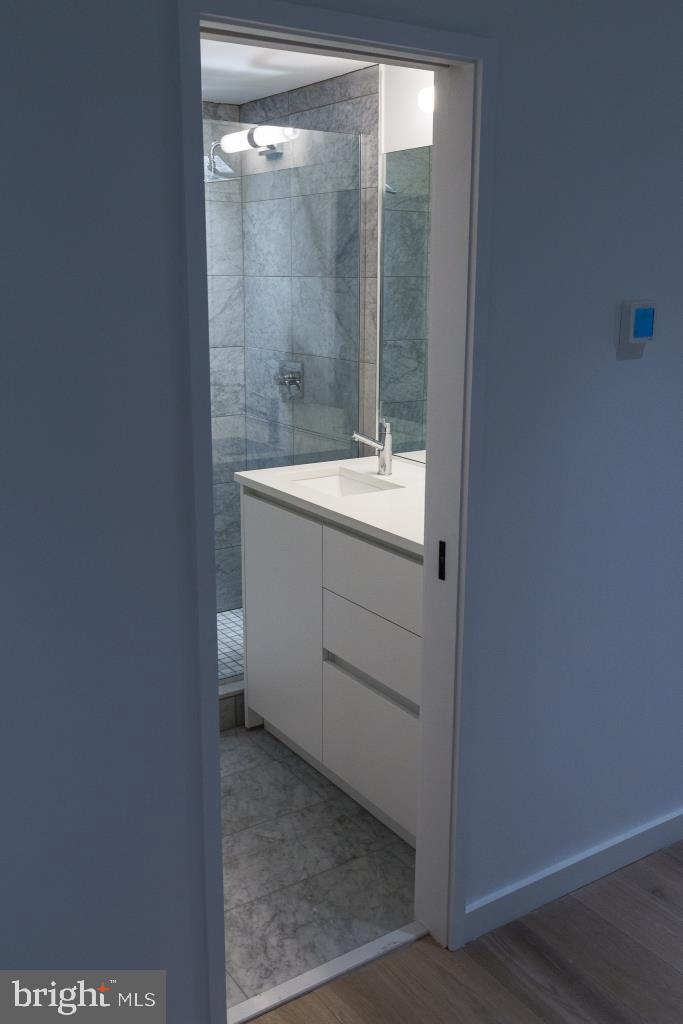 1443 Euclid Street Northwest, Unit 1 Washington, DC 20009 - Photo 12 of 14 a bathroom with a shower sink and mirror