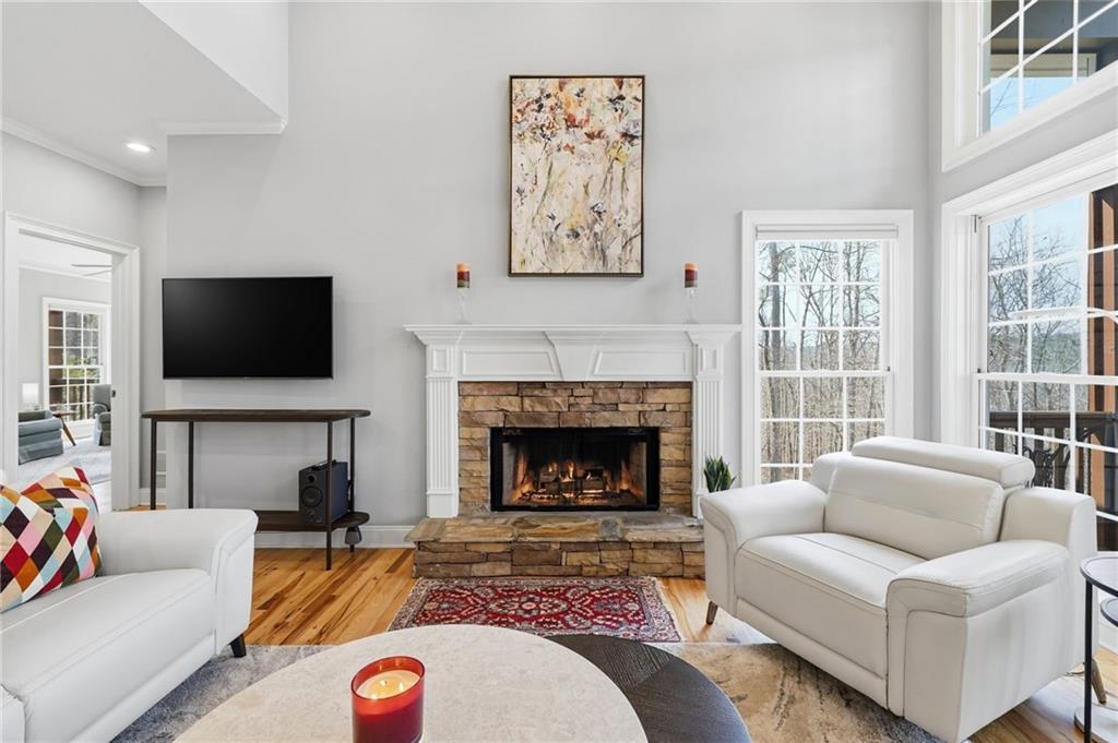 217 Wild Turkey Ridge Ball Ground, GA 30107 - Photo 16 of 55 a living room with furniture a flat screen tv and a fireplace