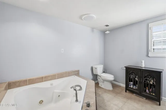a bathroom with a bathtub and a toilet