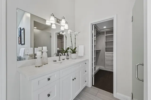 a bathroom with a sink mirror and a shower