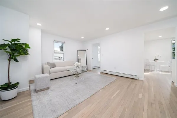 a living room with furniture and a potted plant